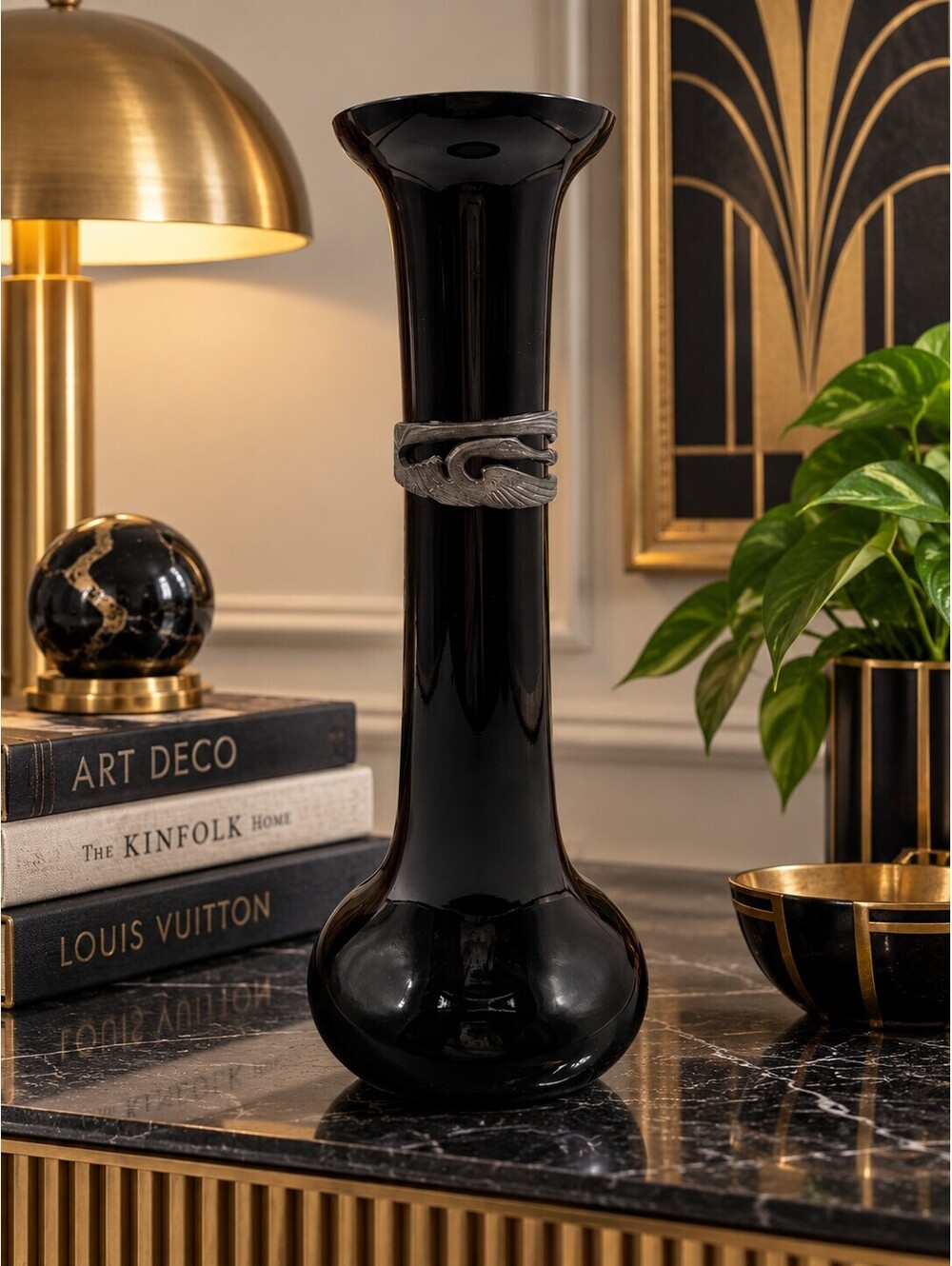 Vintage WMF Black Hyalith Glass Vase Pewter Swan Mount Germany Art Deco